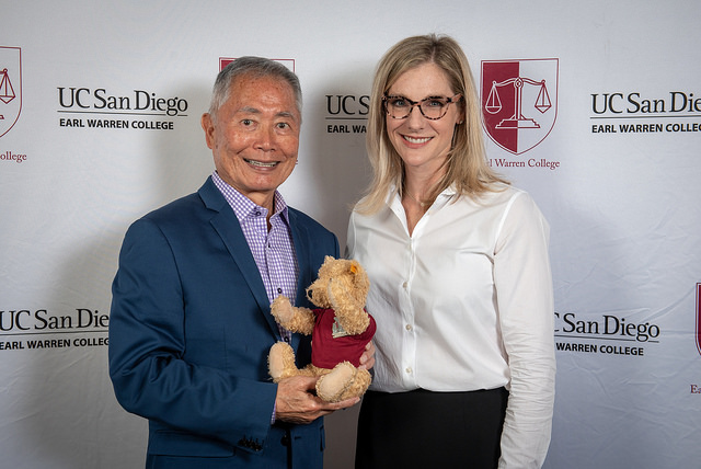 Takei with Earl Warren College Provost Emily Roxworthy and Warren College mascot Bearl